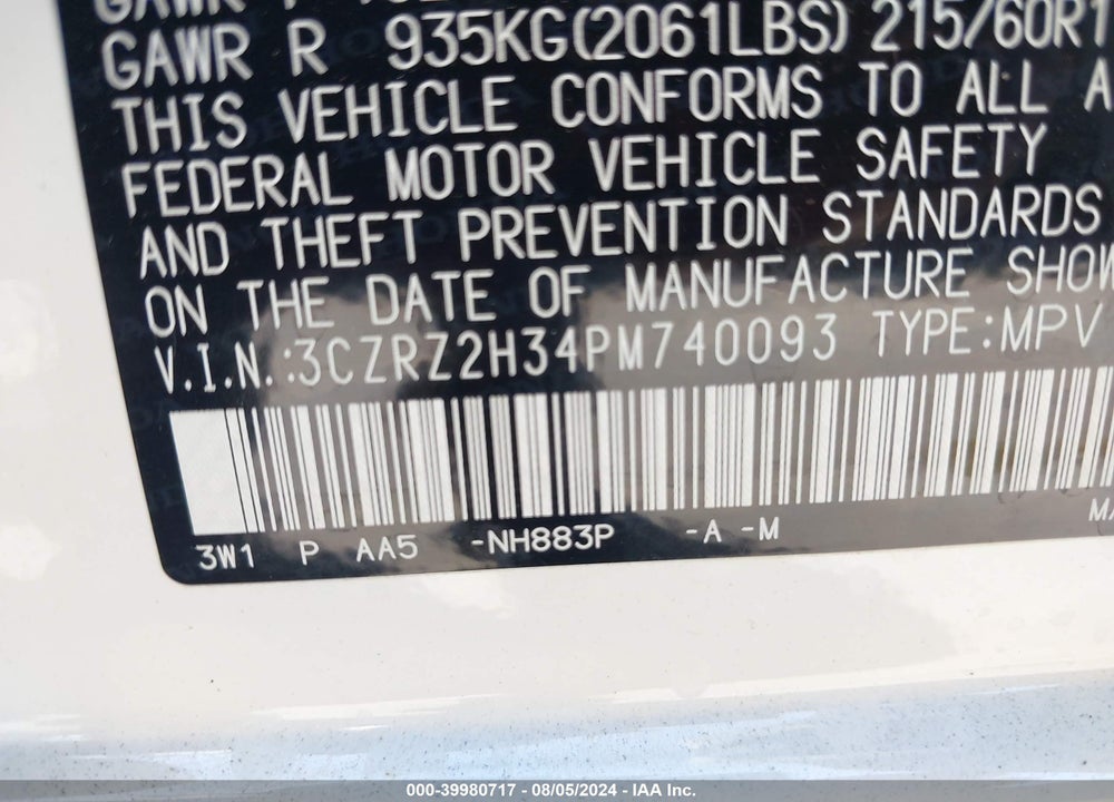 2023 HONDA HR-V AWD LX VIN: 3CZRZ2H34PM740093