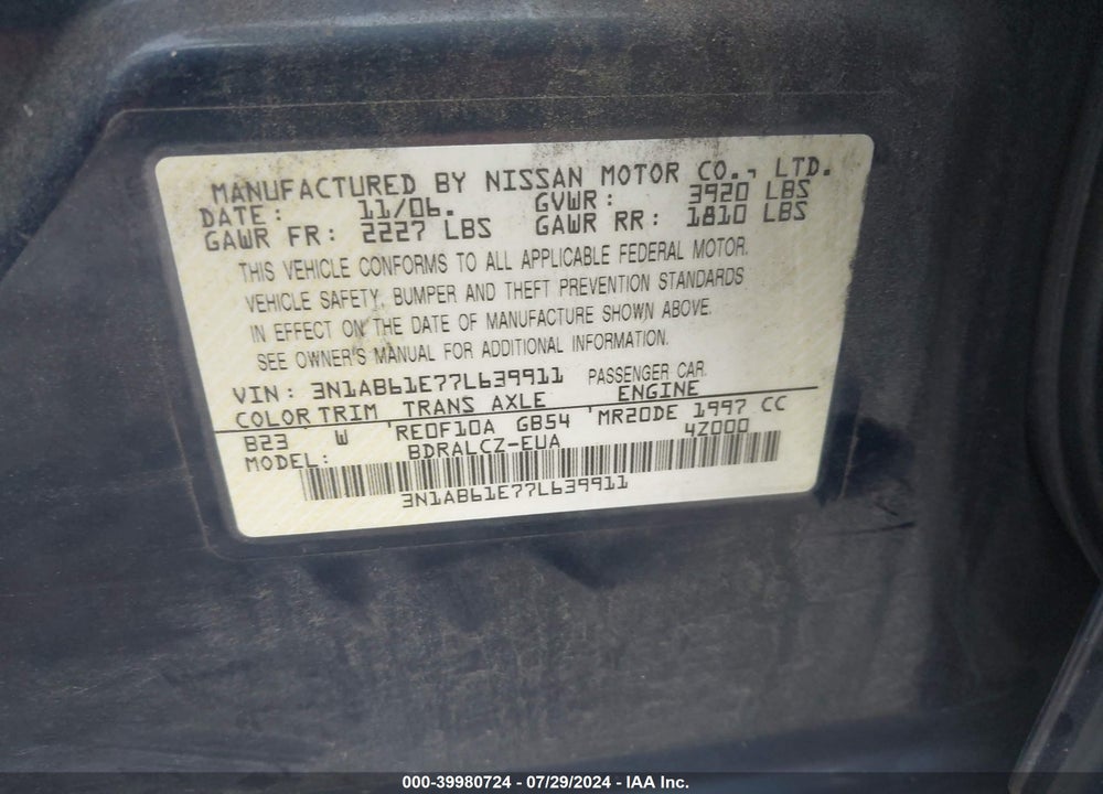 2007 NISSAN SENTRA 2.0 VIN: 3N1AB61E77L639911