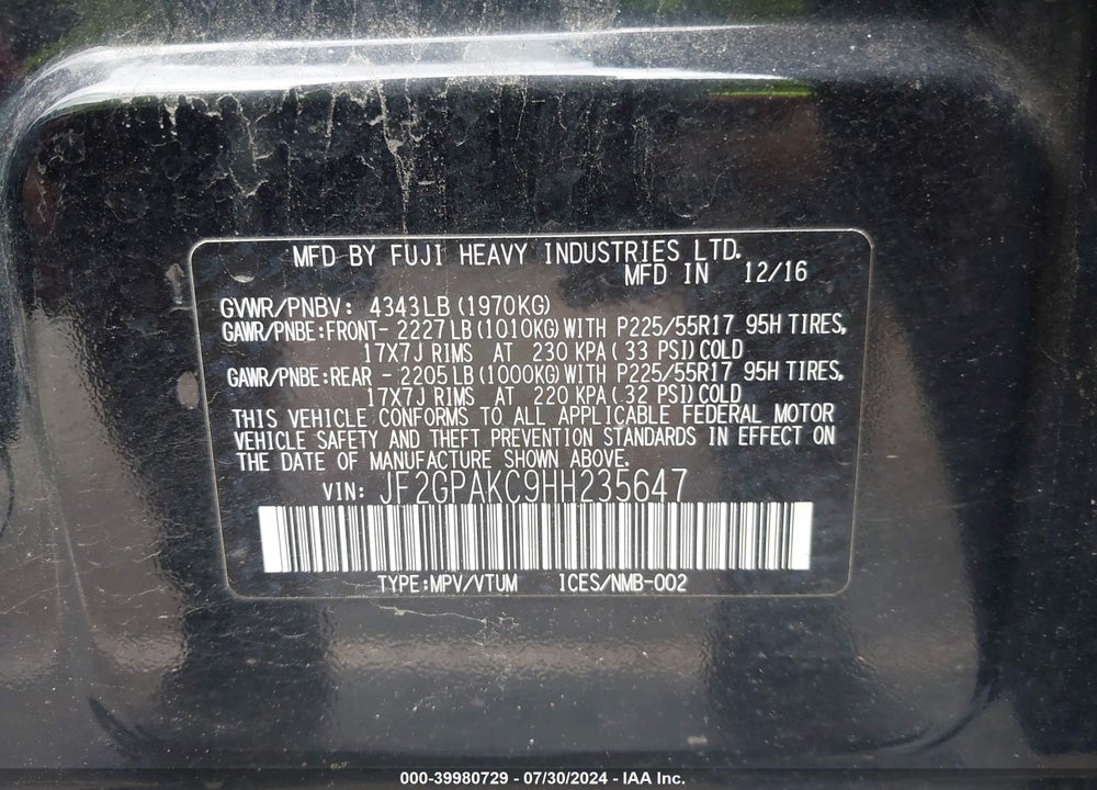 2017 SUBARU CROSSTREK 2.0I LIMITED VIN: JF2GPAKC9HH235647