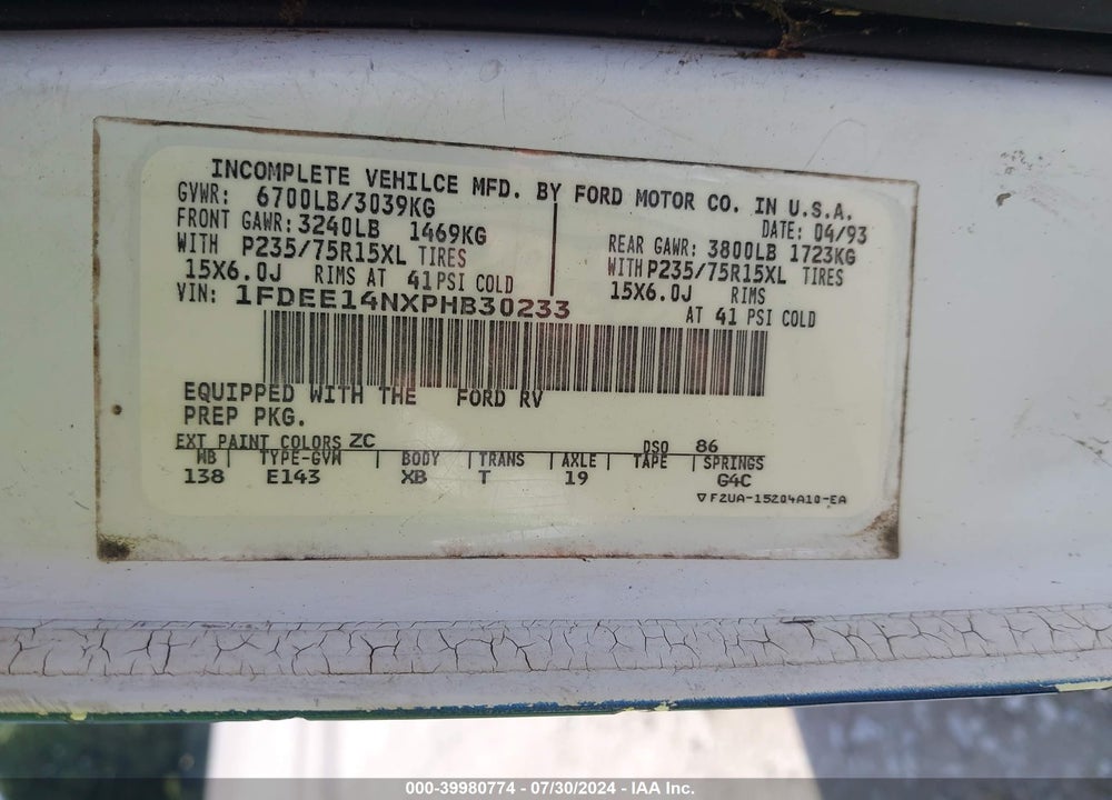 1993 FORD ECONOLINE E150 VAN VIN: 1FDEE14NXPHB30233