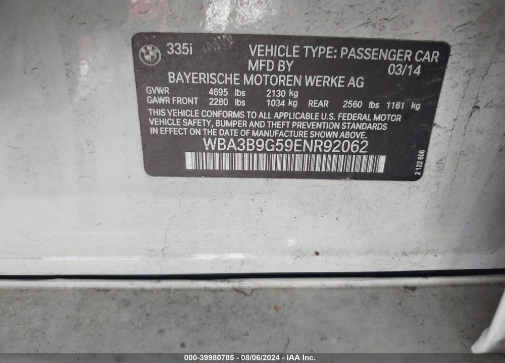 2014 BMW 335I XDRIVE VIN: WBA3B9G59ENR92062