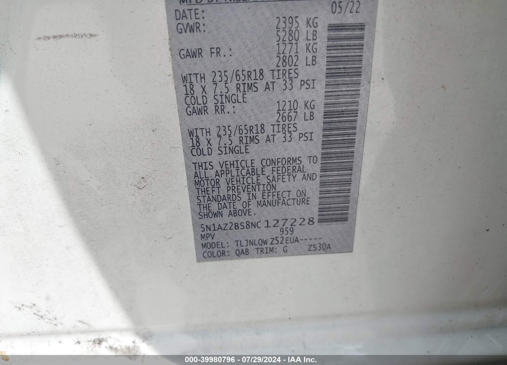 2022 NISSAN MURANO VIN: 5N1AZ2BS8NC127228