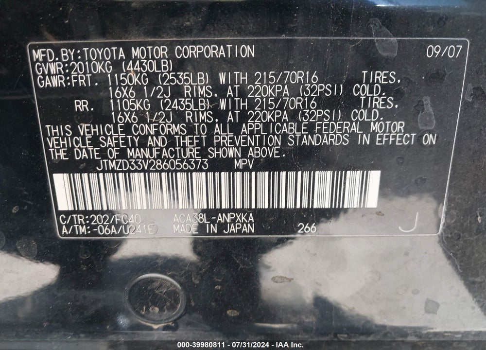 2008 TOYOTA RAV4 VIN: JTMZD33V286056373