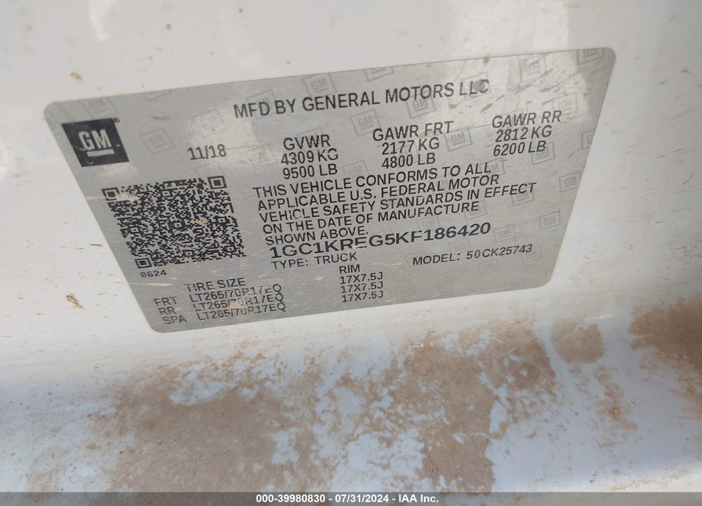 2019 CHEVROLET SILVERADO 2500HD WT VIN: 1GC1KREG5KF186420