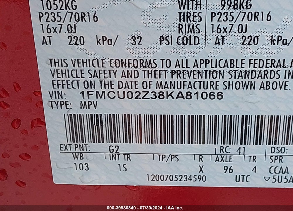 2008 FORD ESCAPE XLS/XLS MANUAL VIN: 1FMCU02Z38KA81066