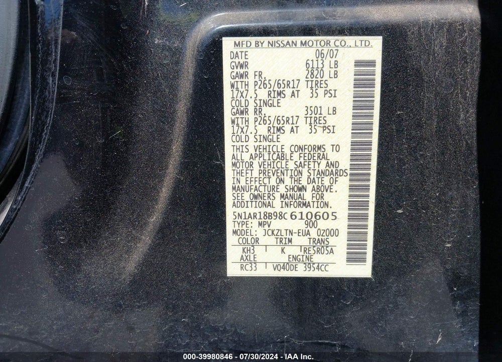 2008 NISSAN PATHFINDER SE VIN: 5N1AR18B98C610605