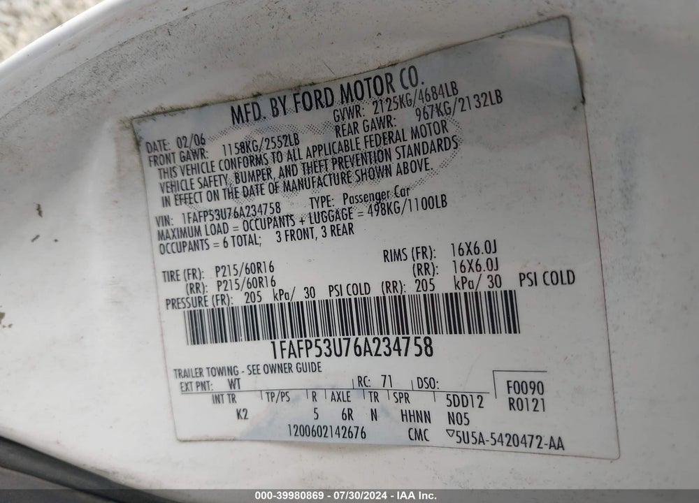 2006 FORD TAURUS SE VIN: 1FAFP53U76A234758