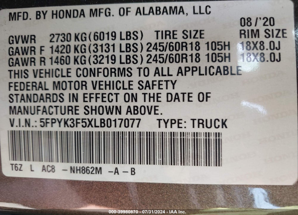 2020 HONDA RIDGELINE AWD RTL VIN: 5FPYK3F5XLB017077