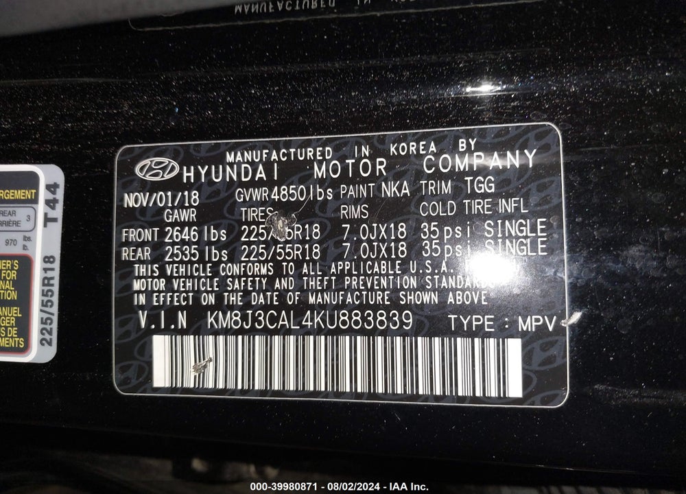 2019 HYUNDAI TUCSON SEL VIN: KM8J3CAL4KU883839