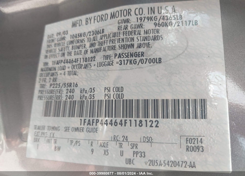2004 FORD MUSTANG VIN: 1FAFP44464F118122