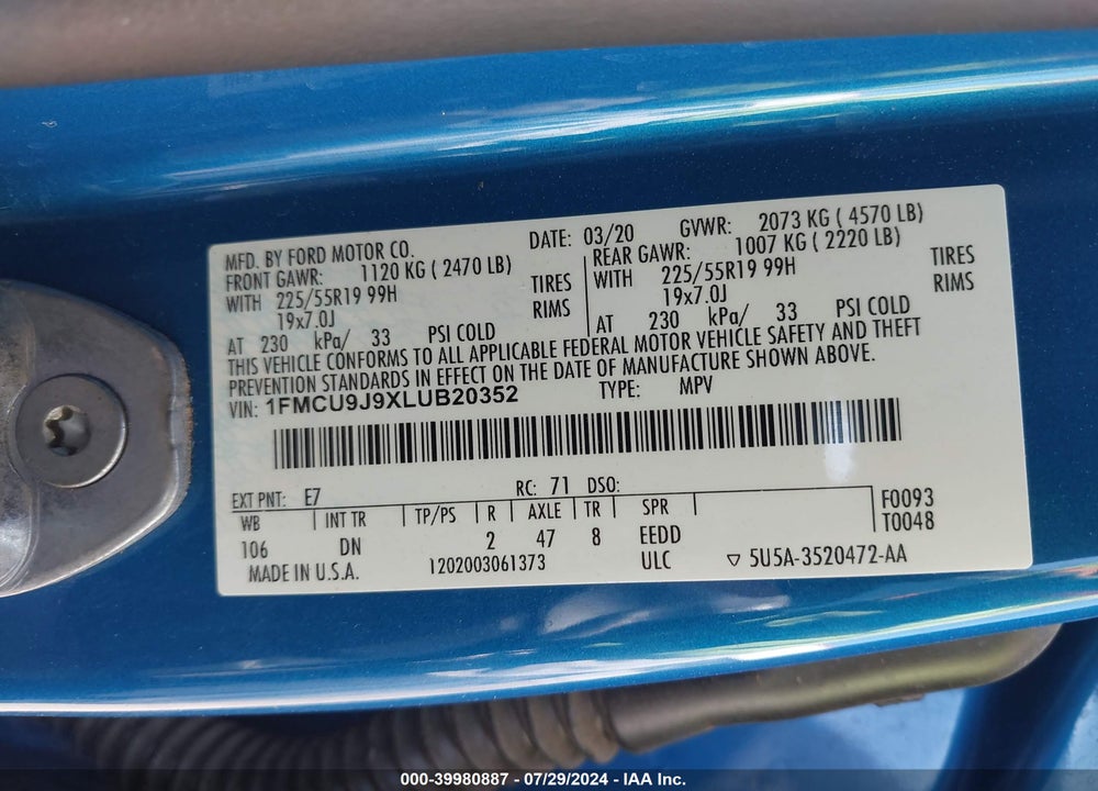 2020 FORD ESCAPE TITANIUM VIN: 1FMCU9J9XLUB20352