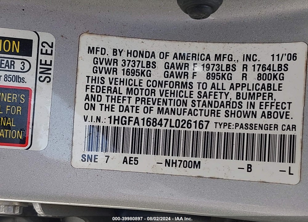 2007 HONDA CIVIC EX VIN: 1HGFA16847L026167