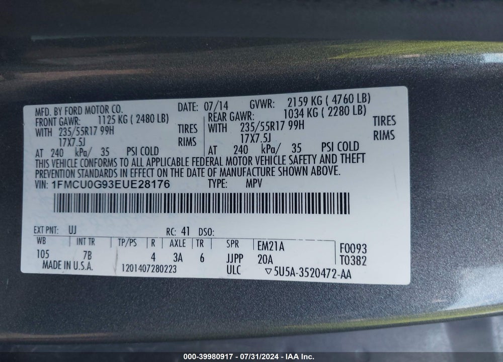 2014 FORD ESCAPE SE VIN: 1FMCU0G93EUE28176