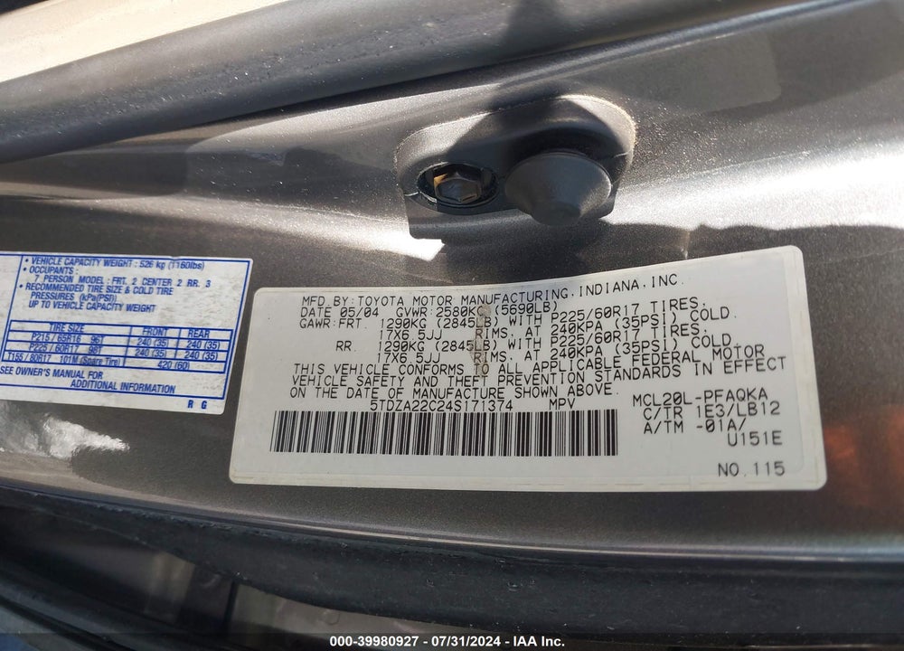 2004 TOYOTA SIENNA XLE LIMITED VIN: 5TDZA22C24S171374