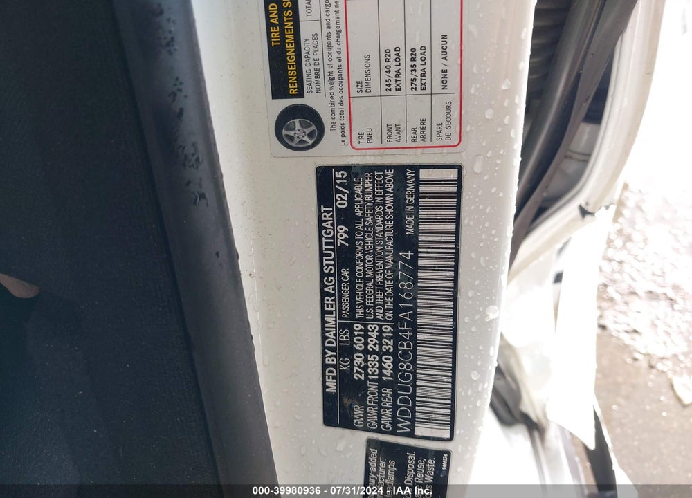 2015 MERCEDES-BENZ S CLASS VIN: WDDUG8CB4FA168774