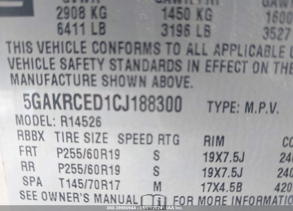 2012 BUICK ENCLAVE LEATHER VIN: 5GAKRCED1CJ188300