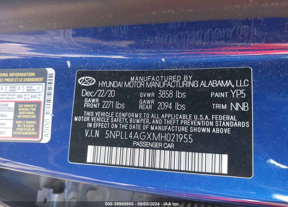 2021 HYUNDAI ELANTRA VIN: 5NPLL4AGXMH021955