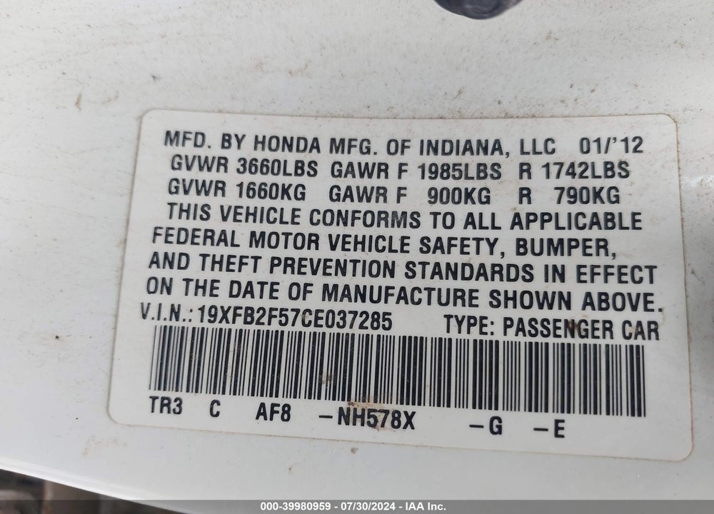 2012 HONDA CIVIC LX VIN: 19XFB2F57CE037285