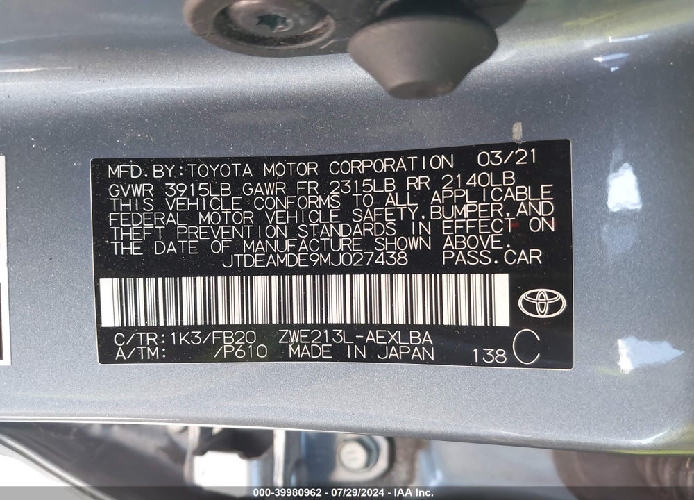 2021 TOYOTA COROLLA HYBRID LE VIN: JTDEAMDE9MJ027438