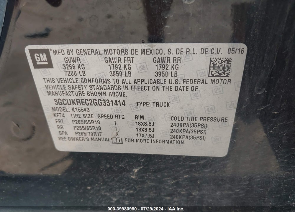 2016 CHEVROLET SILVERADO 1500 1LT VIN: 3GCUKREC2GG331414