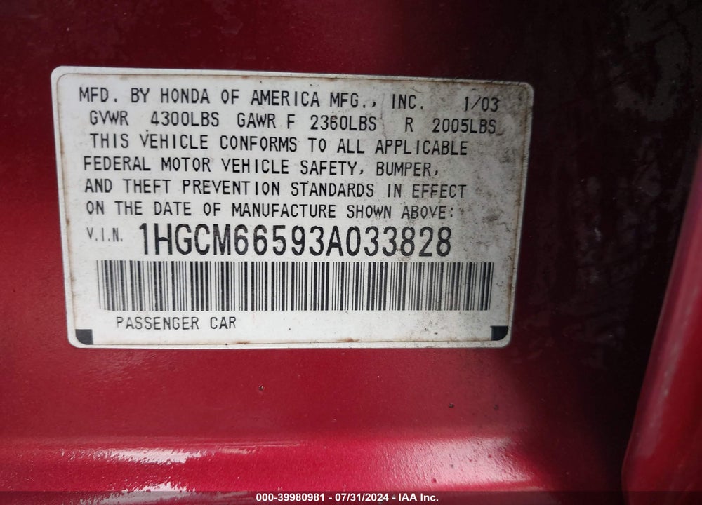 2003 HONDA ACCORD 3.0 EX VIN: 1HGCM66593A033828