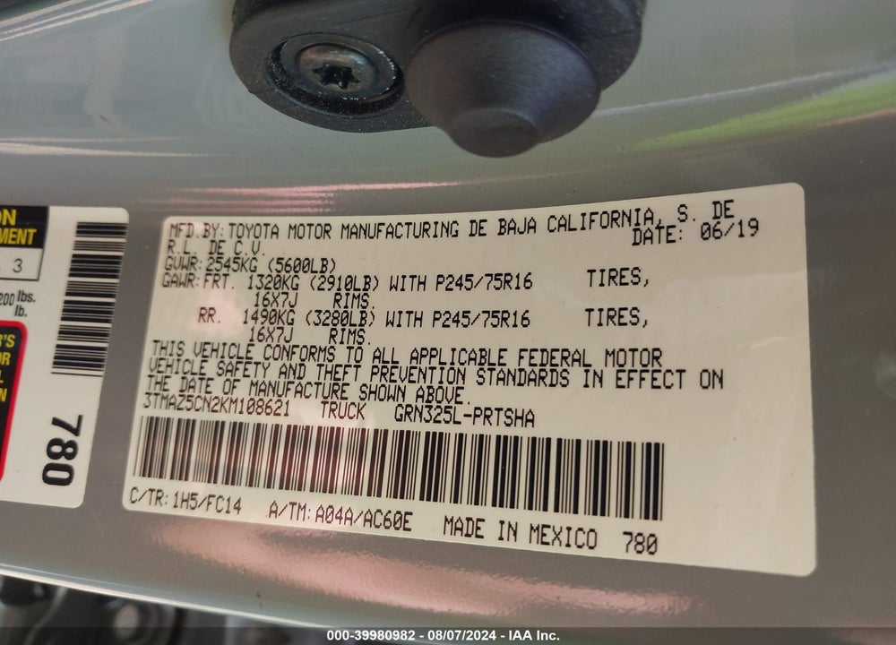 2019 TOYOTA TACOMA SR5 V6 VIN: 3TMAZ5CN2KM108621