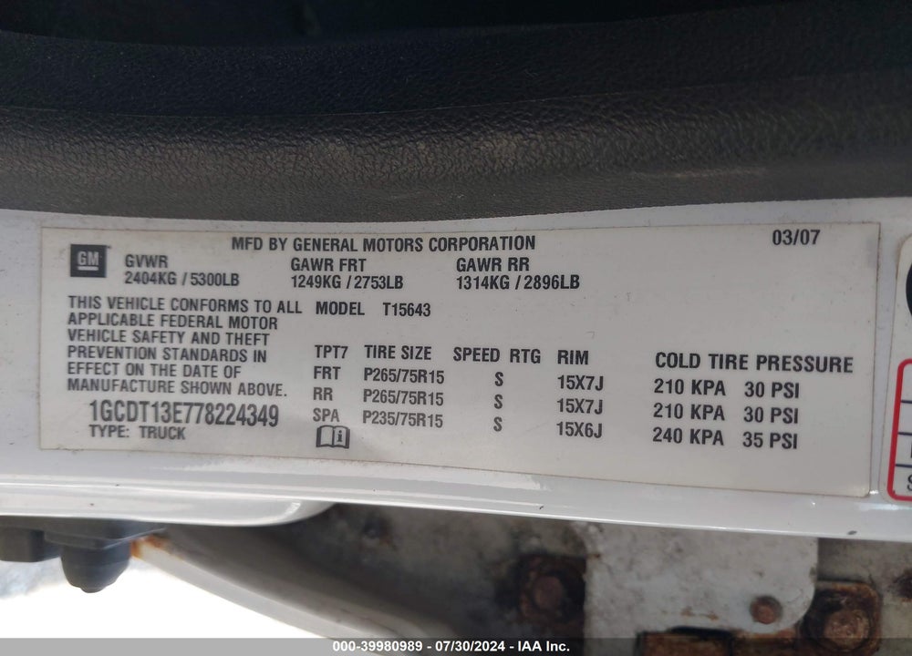 2007 CHEVROLET COLORADO LT VIN: 1GCDT13E778224349