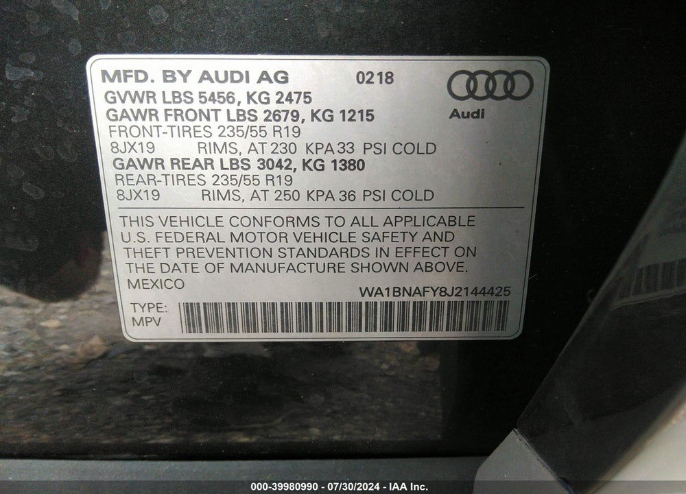2018 AUDI Q5 2.0T PREMIUM/2.0T TECH PREMIUM VIN: WA1BNAFY8J2144425