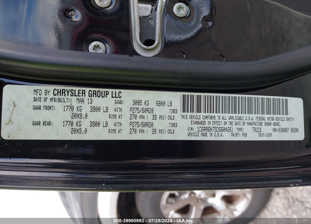 2013 RAM 1500 LAIE VIN: 1C6RR6NT5DS604261