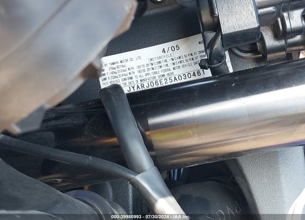 2005 YAMAHA YZFR6 L VIN: JYARJ06E25A030461