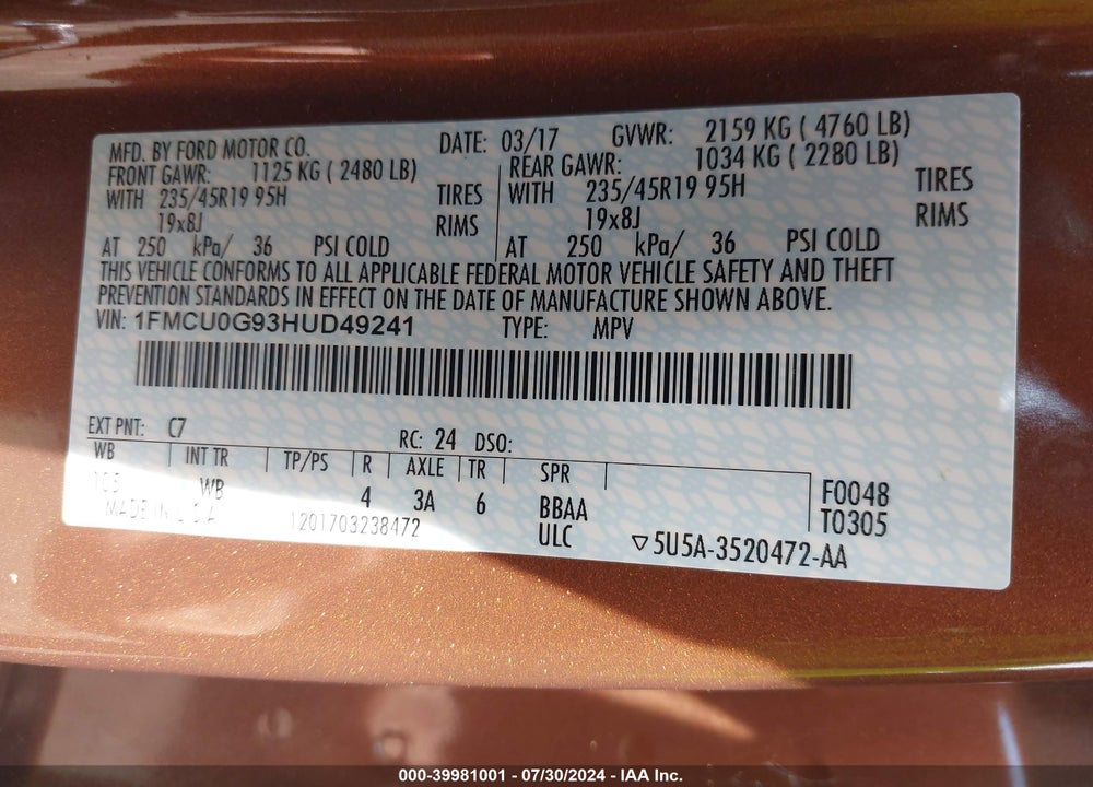2017 FORD ESCAPE SE VIN: 1FMCU0G93HUD49241