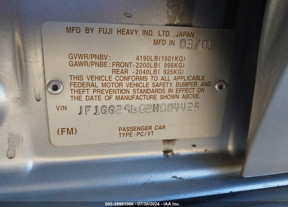2002 SUBARU IMPREZA WRX VIN: JF1GG29682H804425