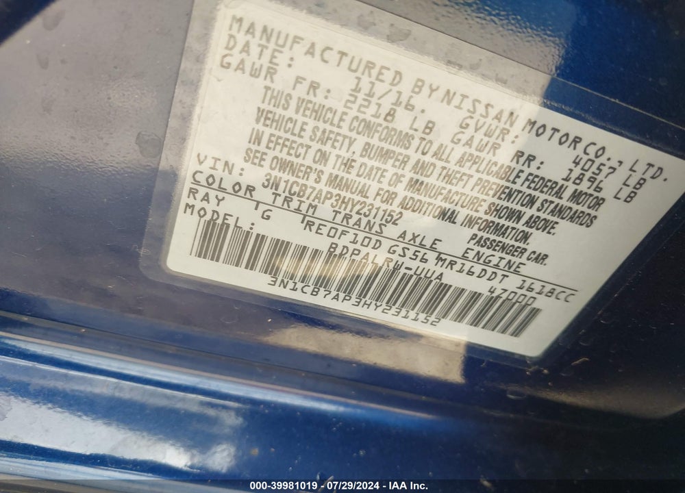 2017 NISSAN SENTRA VIN: 3N1CB7AP3HY231152