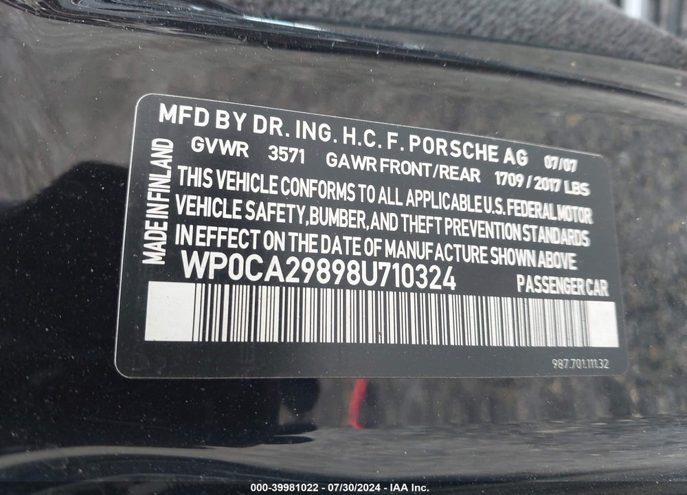 2008 PORSCHE BOXSTER VIN: WP0CA29898U710324