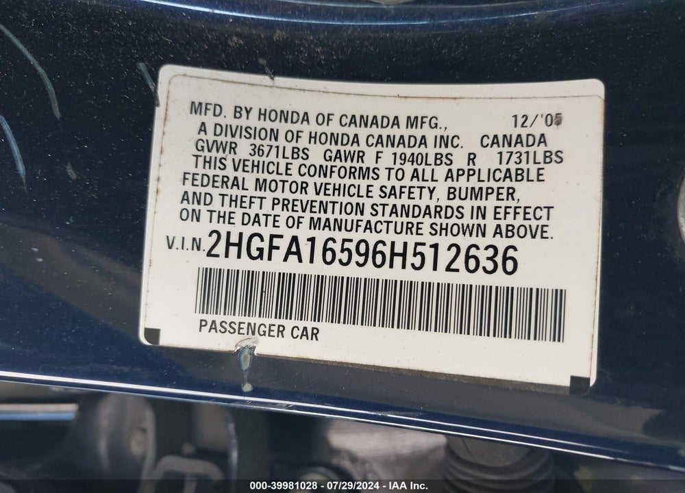 2006 HONDA CIVIC LX VIN: 2HGFA16596H512636
