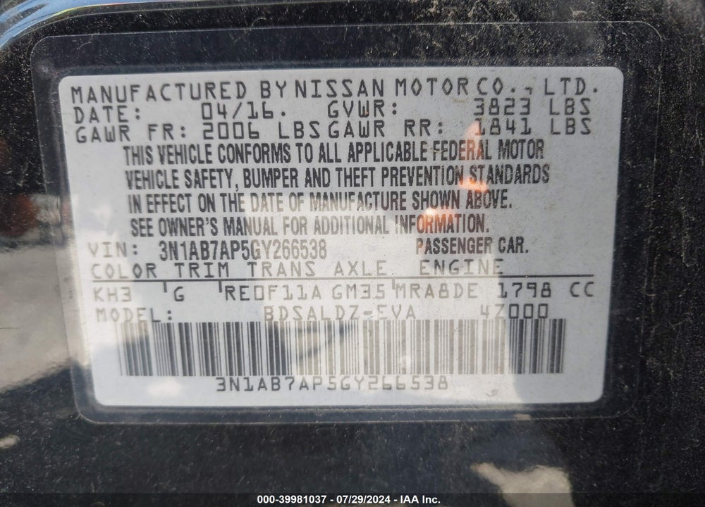 2016 NISSAN SENTRA SV VIN: 3N1AB7AP5GY266538