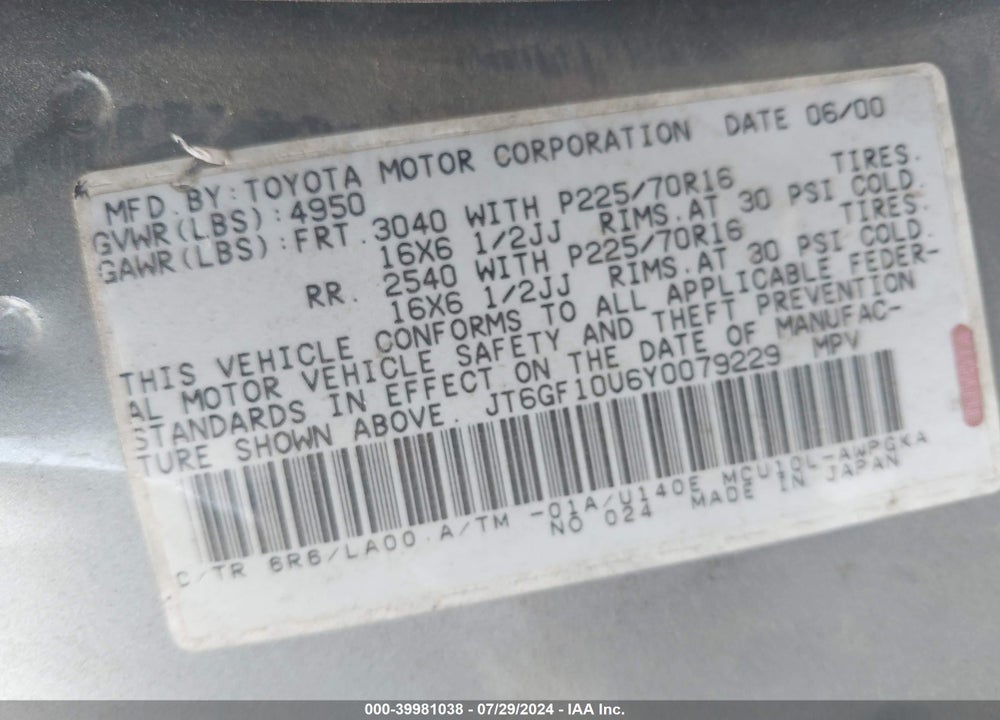 2000 LEXUS RX 300 VIN: JT6GF10U6Y0079229