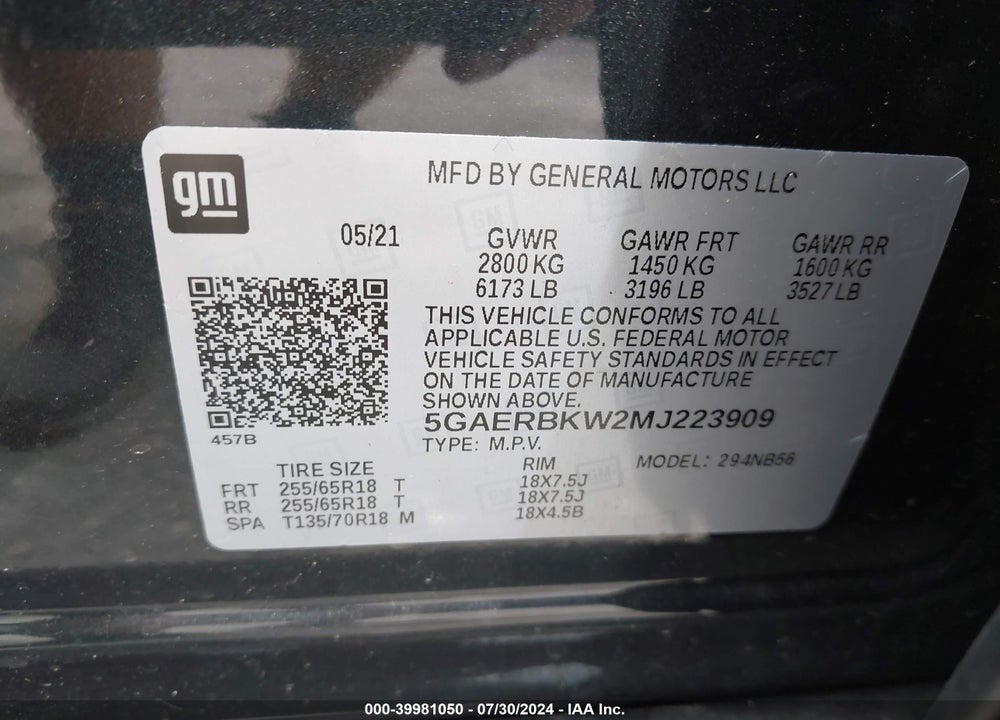 2021 BUICK ENCLAVE FWD ESSENCE VIN: 5GAERBKW2MJ223909