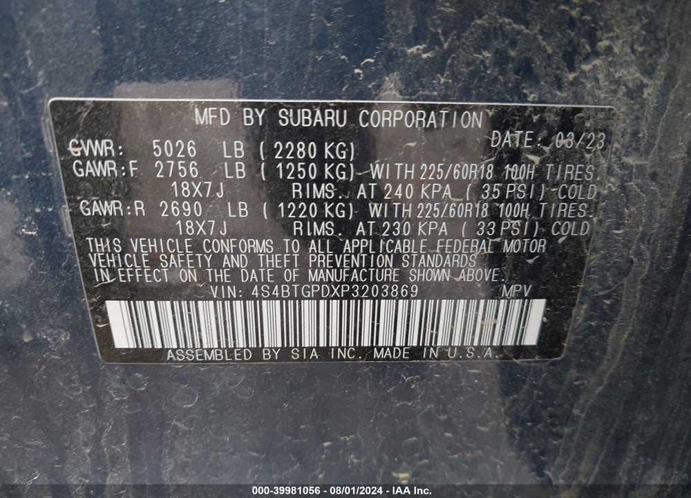 2023 SUBARU OUTBACK TOURING XT VIN: 4S4BTGPDXP3203869