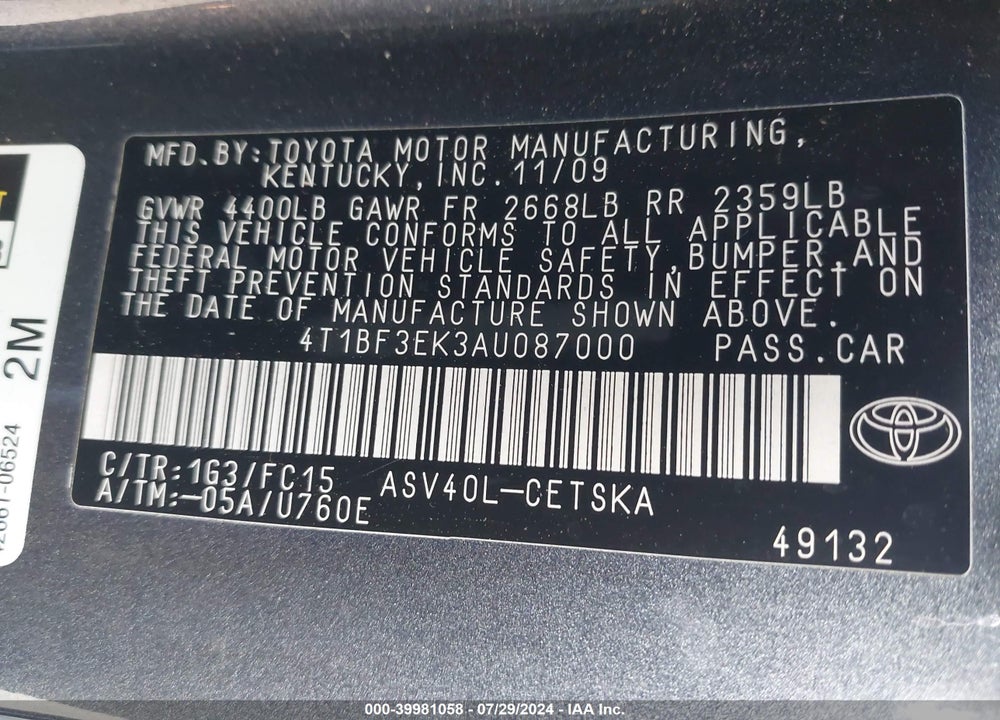 2010 TOYOTA CAMRY SE VIN: 4T1BF3EK3AU087000