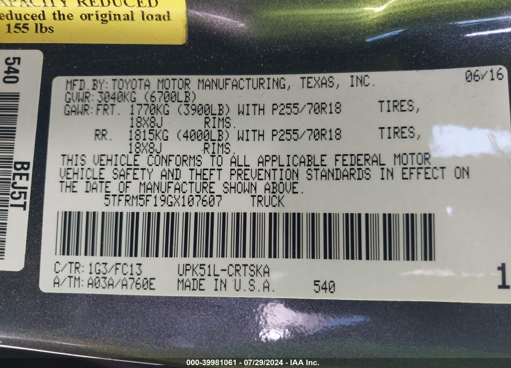 2016 TOYOTA TUNDRA SR5 4.6L V8 VIN: 5TFRM5F19GX107607