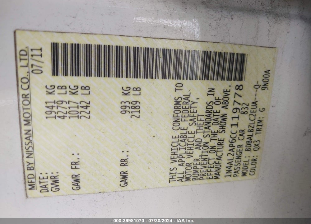 2012 NISSAN ALTIMA 2.5 S VIN: 1N4AL2AP6CC119778