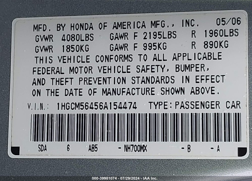 2006 HONDA ACCORD 2.4 LX VIN: 1HGCM56456A154474