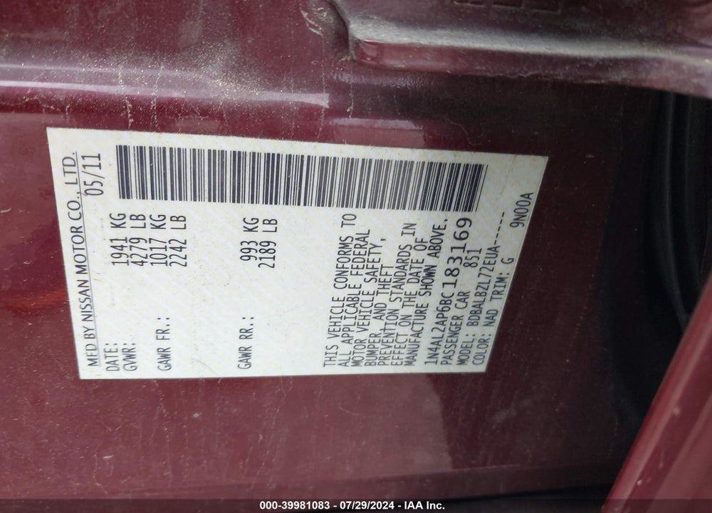 2011 NISSAN ALTIMA 2.5 S VIN: 1N4AL2AP6BC183169