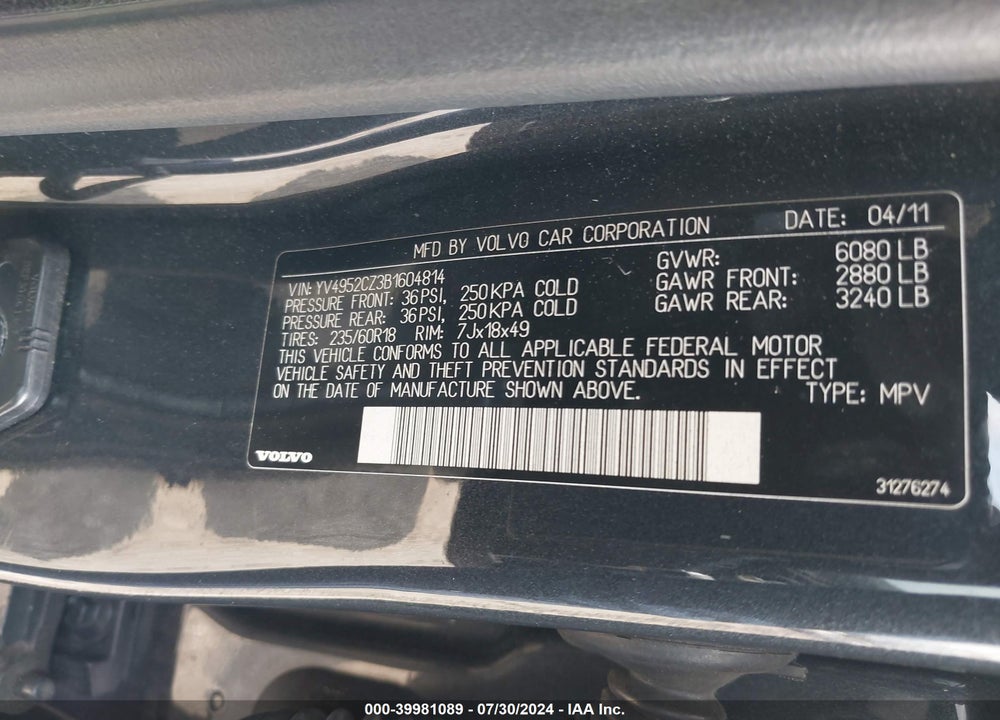 2011 VOLVO XC90 3.2 VIN: YV4952CZ3B1604814