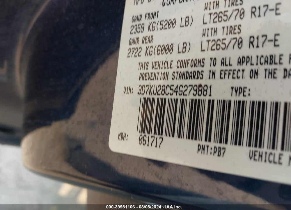 2004 DODGE RAM 2500 SLT/LARAMIE VIN: 3D7KU28C54G279881