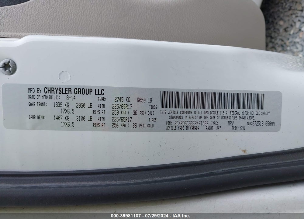 2014 DODGE GRAND CARAVAN SXT VIN: 2C4RDGCG3ER471537