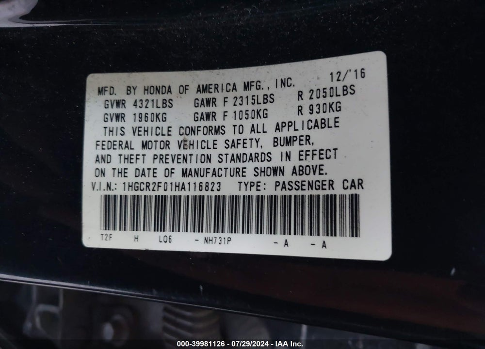 2017 HONDA ACCORD EX VIN: 1HGCR2F01HA116823