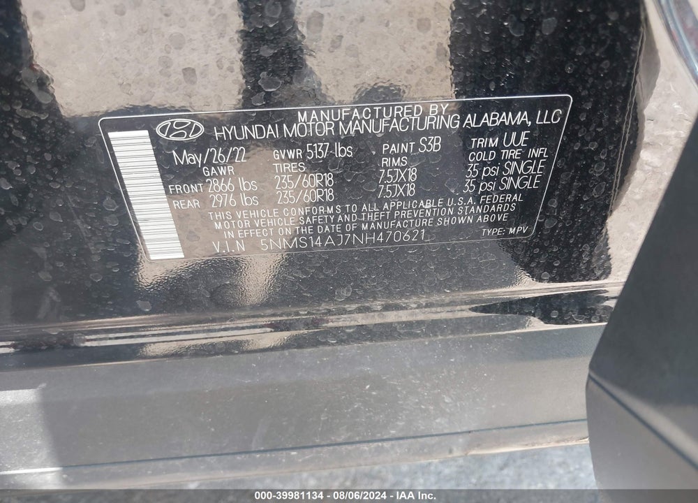 2022 HYUNDAI SANTA FE SE VIN: 5NMS14AJ7NH470621
