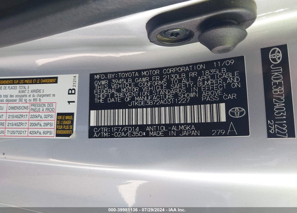 2010 SCION TC VIN: JTKDE3B72A0311227